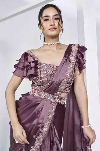 pre-stitched mauve crepe satin silk handwork saree with stitched blouse