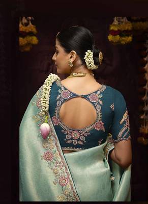 Light teal pure banarasi kanjivaram heavy work border designer saree 3