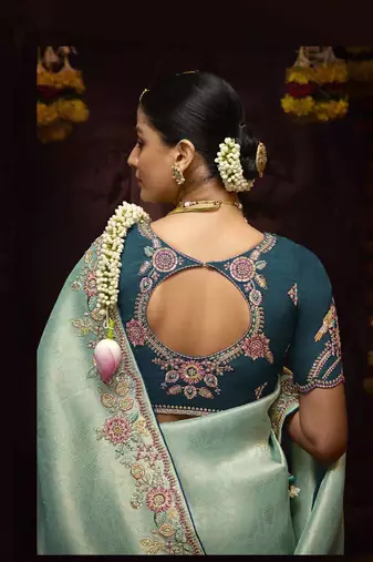 Light teal pure banarasi kanjivaram heavy work border designer saree