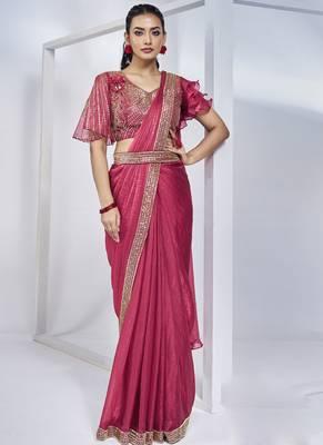 ready to wear ruby two tone satin silk handwork saree with stitched blouse 1