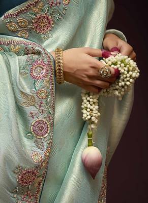 Light teal pure banarasi kanjivaram heavy work border designer saree 4