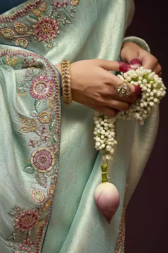 Light teal pure banarasi kanjivaram heavy work border designer saree