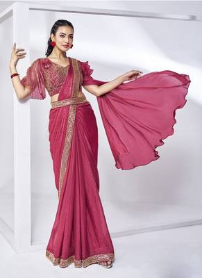 ready to wear ruby two tone satin silk handwork saree with stitched blouse 2