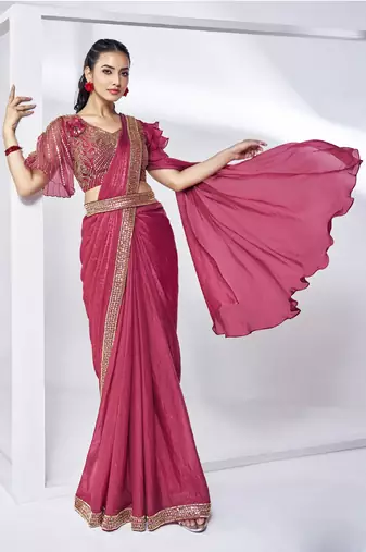 ready to wear ruby two tone satin silk handwork saree with stitched blouse