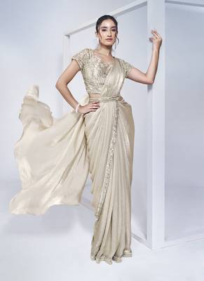 off white two tone satin silk handwork pre draped saree with stitched blouse 1