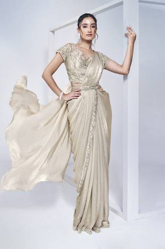 Off white Two Tone Satin Silk Handwork Ready to wear Saree with Stitched Blouse