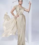 Off white Two Tone Satin Silk Handwork Ready to wear Saree with Stitched Blouse