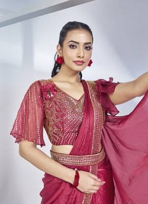 ready to wear ruby two tone satin silk handwork saree with stitched blouse 3