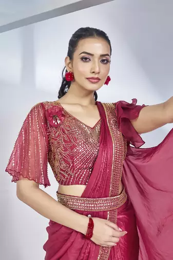 ready to wear ruby two tone satin silk handwork saree with stitched blouse