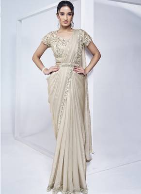 off white two tone satin silk handwork pre draped saree with stitched blouse 2