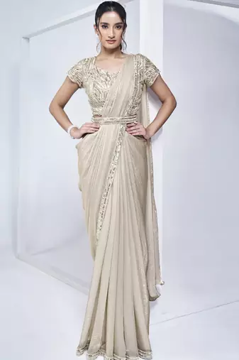 off white two tone satin silk handwork pre draped saree with stitched blouse