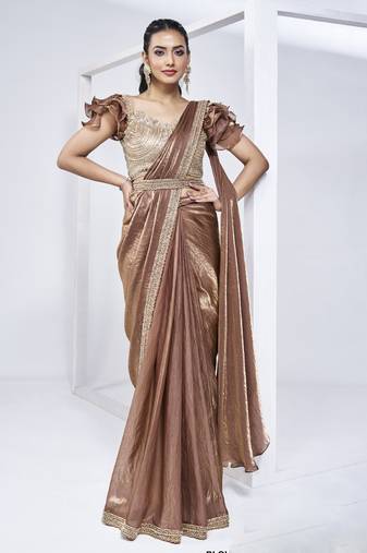 Brown Two Tone Satin Silk Handwork Ready to wear Saree with Stitched Blouse
