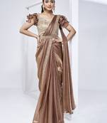 ready to wear brown two tone satin silk handwork saree with stitched blouse