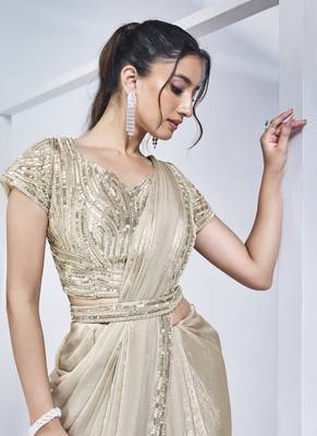off white two tone satin silk handwork pre draped saree with stitched blouse 3
