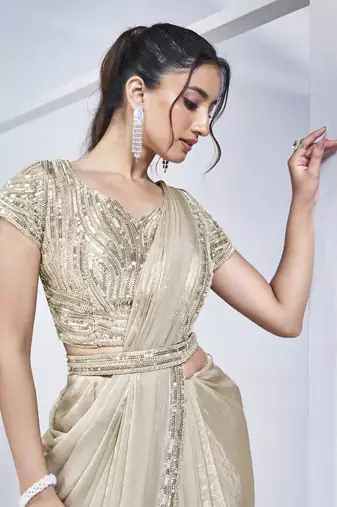 off white two tone satin silk handwork pre draped saree with stitched blouse
