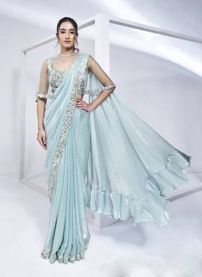 pre-stitched aqua blue two tone satin silk pure handwork saree with stitched blouse 1