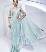 ready to wear aqua blue two tone satin silk pure handwork saree with stitched blouse