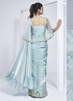 pre-stitched aqua blue two tone satin silk pure handwork saree with stitched blouse 2