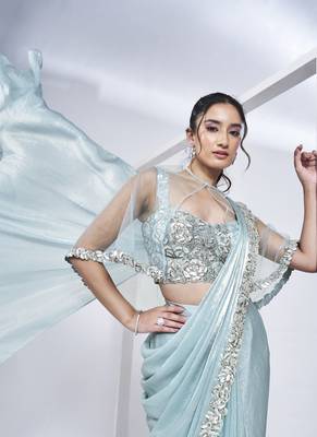 pre-stitched aqua blue two tone satin silk pure handwork saree with stitched blouse 3