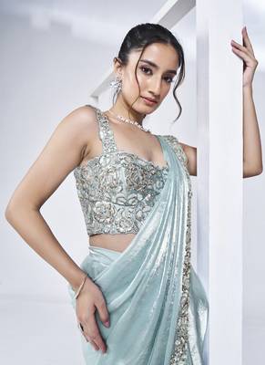 pre-stitched aqua blue two tone satin silk pure handwork saree with stitched blouse 4