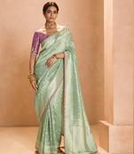 Light Teal Tissue Silk Embroidery Work Border and Handworked Blouse Designer Saree