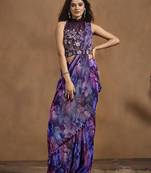 Violet Satin Silk Hand work Ready to wear Saree with Stitched Blouse