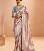 Onion Pink Tissue Silk Embroidery Work Border and Handworked Blouse Designer Saree