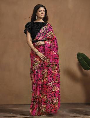 hot pink satin silk hand work pre draped saree with stitched blouse 1