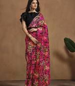 Hot Pink Satin Silk Hand work Ready to wear Saree with Stitched Blouse