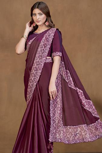 Wine Satin Crepe Silk Digital Sequence Ready to wear Saree with Stitched Blouse
