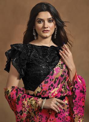 hot pink satin silk hand work pre draped saree with stitched blouse 2