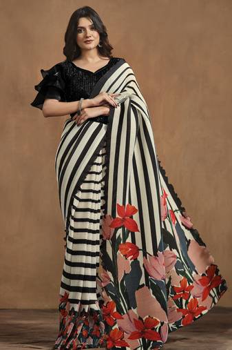 Off White & Black Satin Silk Hand work Ready to wear Saree with Stitched Blouse