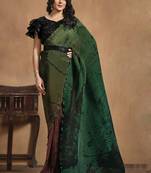 Green Satin Silk Hand work Ready to wear Saree with Stitched Blouse
