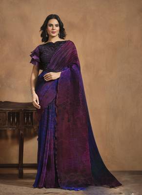 purple satin silk hand work ready made saree with stitched blouse 1