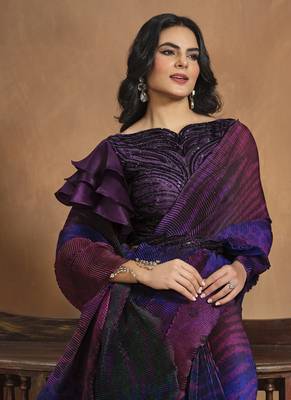 purple satin silk hand work ready made saree with stitched blouse 2