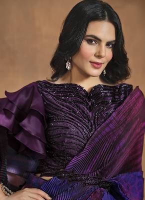 purple satin silk hand work ready made saree with stitched blouse 3