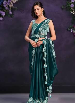 ready to wear dark sea green crape satin silk embroidered saree with stitched blouse 1