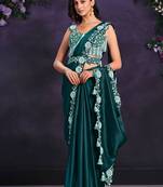 ready to wear dark sea green crape satin silk embroidered saree with stitched blouse