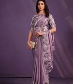 Light Plum Crepe Satin Silk Embroidered Saree With Stitched Blouse