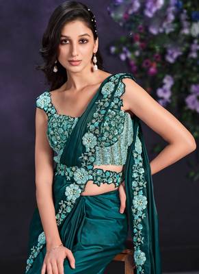 ready to wear dark sea green crape satin silk embroidered saree with stitched blouse 2