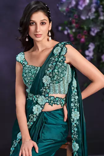 ready to wear dark sea green crape satin silk embroidered saree with stitched blouse