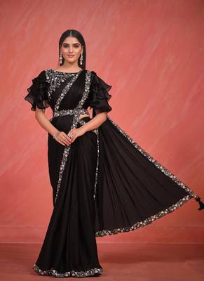black crepe silk satin embroidered saree with stitched blouse piece 1