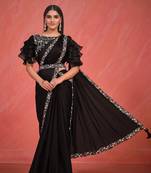 Black Crepe Silk Satin Embroidered Saree with Stitched Blouse Piece