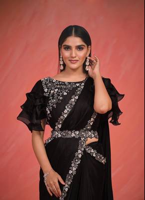 black crepe silk satin embroidered saree with stitched blouse piece 2