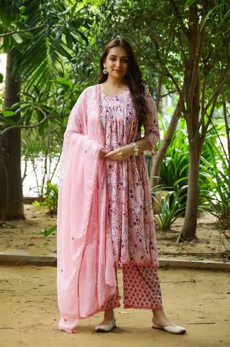 Pink & violet block printed cotton suit set