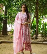 Pink & violet block printed cotton suit set