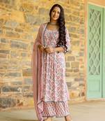 White & pink block printed cotton suit set
