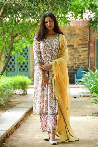 White & yellow block printed cotton suit set