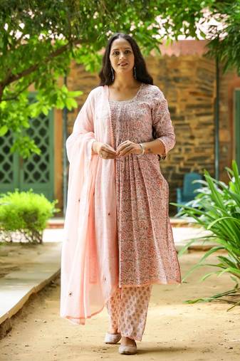 Peach & green block printed cotton suit set