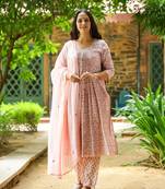 Peach & green block printed cotton suit set